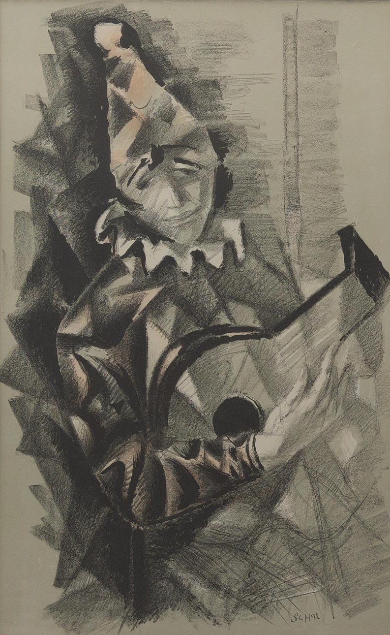 JULES SCHYL. Clown with guitar, lithograph, signed.