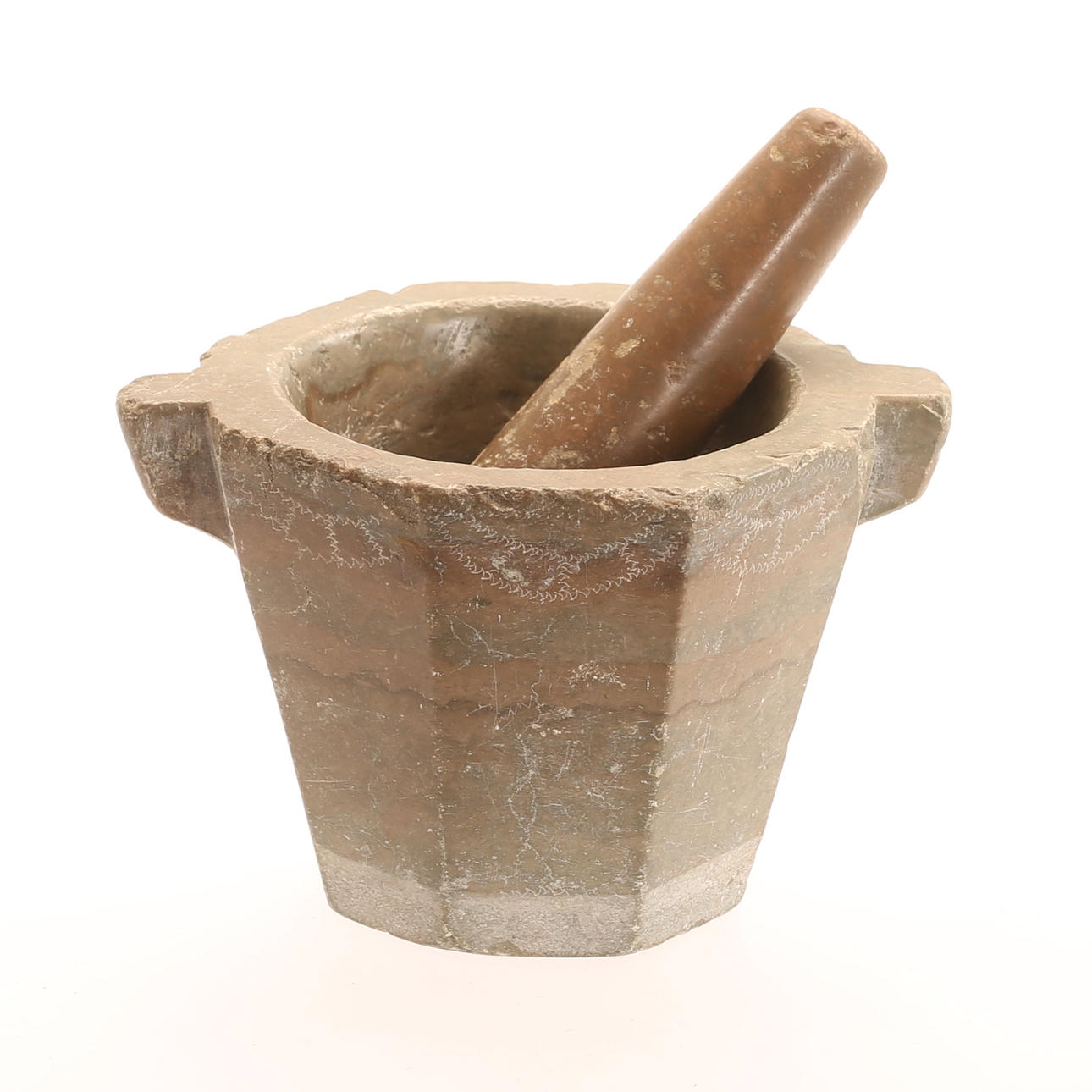 Mortar with pestle, limestone, 17th/19th century.