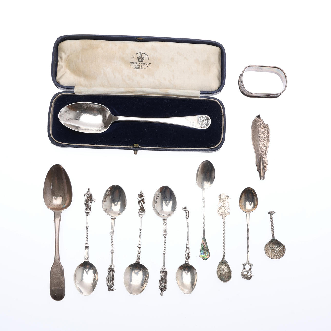 ASSORTED SILVER SPOONS, KNIFE BLADE, AND A NAPKIN RING. (13).