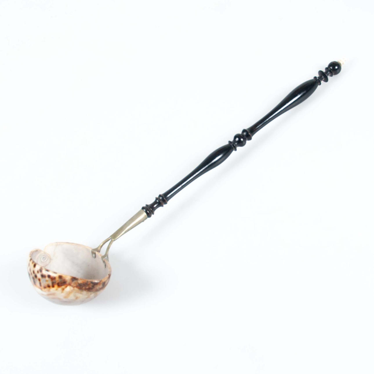 BONFIRE SPOON/SOUP LADLE. Seashells, metal and blackened wood ...