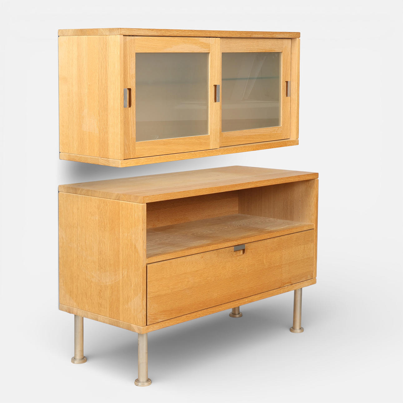 DITLEV KARSTEN. Drawer module and wall-hung cabinet module, solid oak and glass, metal handles and legs, Bonsai series, Brdr. Andersen Møbelsnedkeri, Denmark, designed 2004, (2).