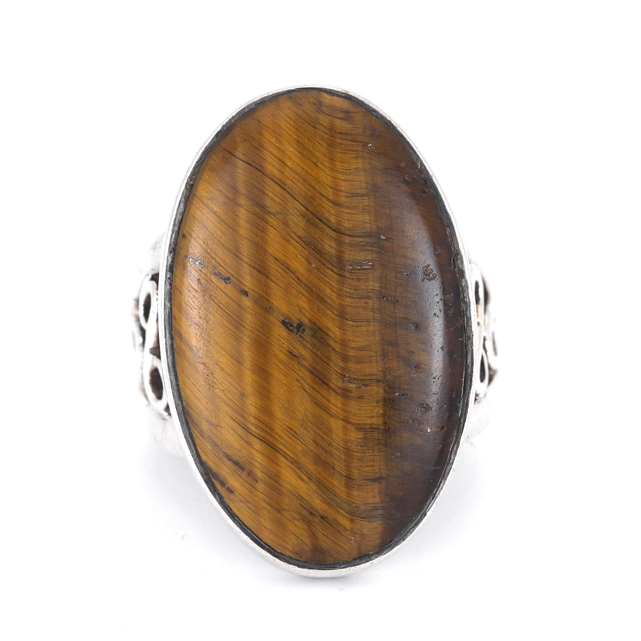 SILVER LARGE TIGERS EYE SET RING.