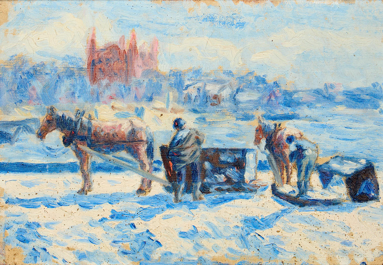 OKÄND KONSTNÄR. Sleds in winter landscape.