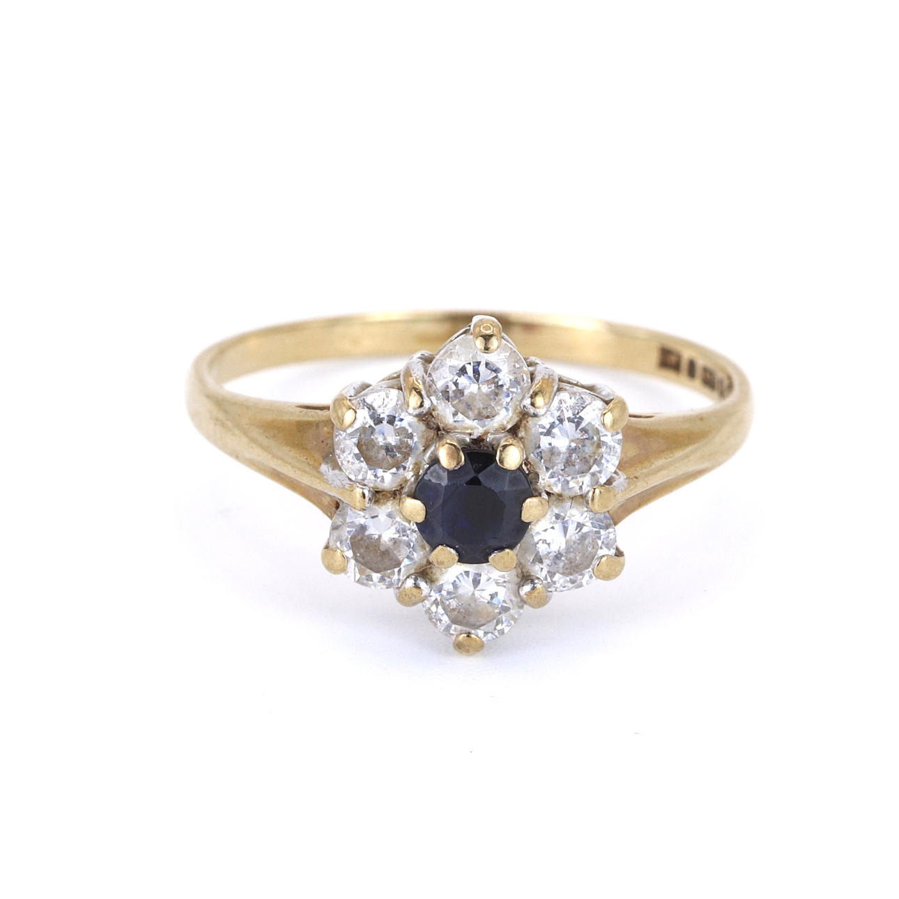9CT GOLD SAPPHIRE & CUBIC ZIRCONIA SET CLUSTER RING.