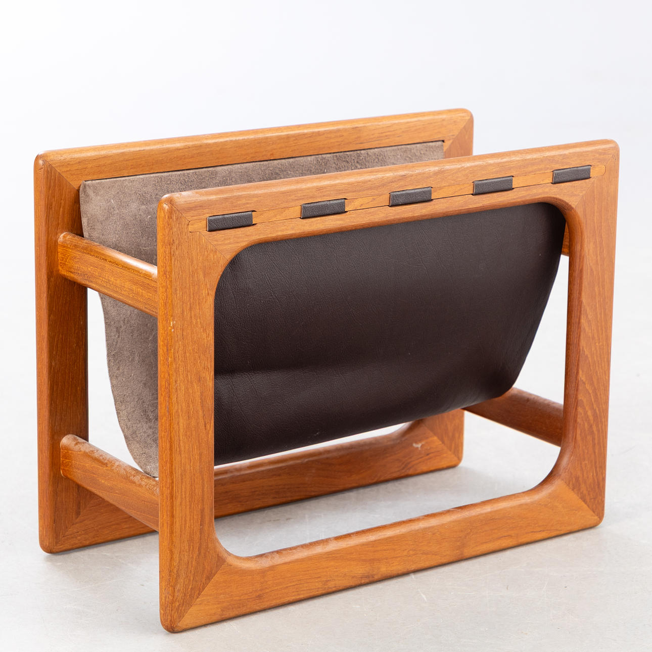 Magazine rack, teak and brown suede, Denmark.