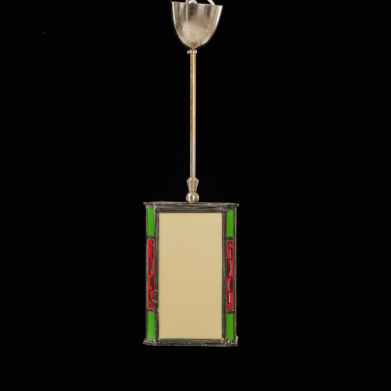 CEILING LAMP, lantern, art deco, circa 1930's, square shape with beveled corners, stained glass, corners with hand-painted decor.