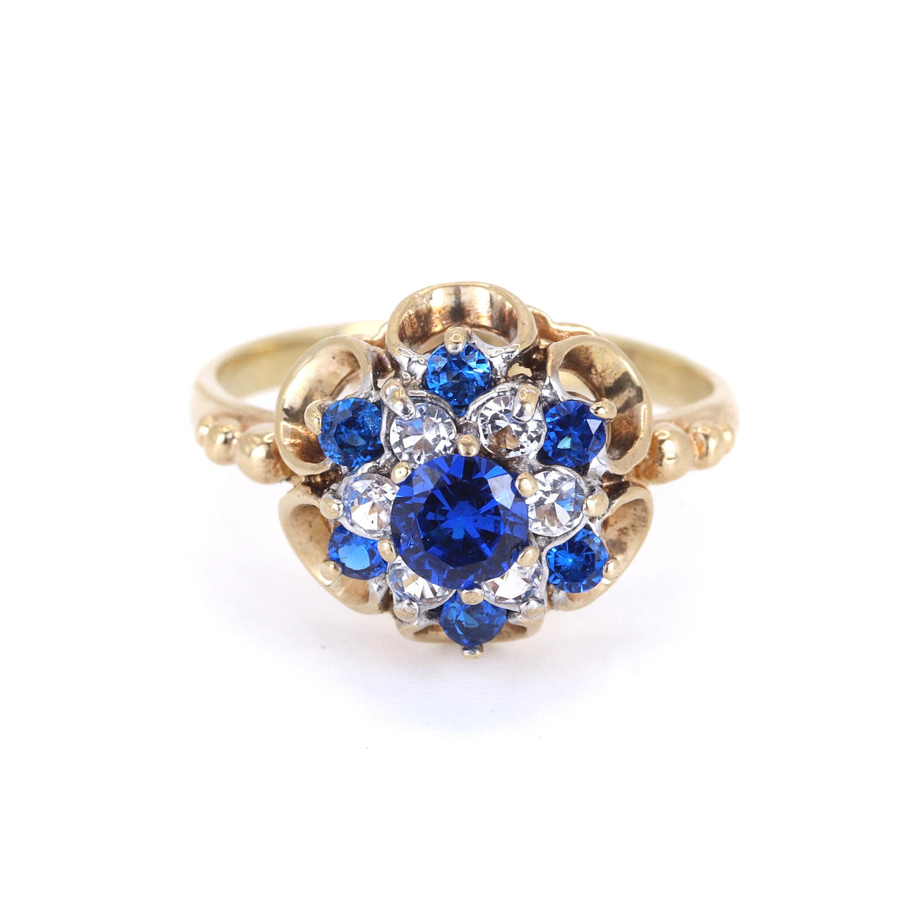9CT GOLD BLUE & WHITE CUBIC ZIRCONIA SET RING.