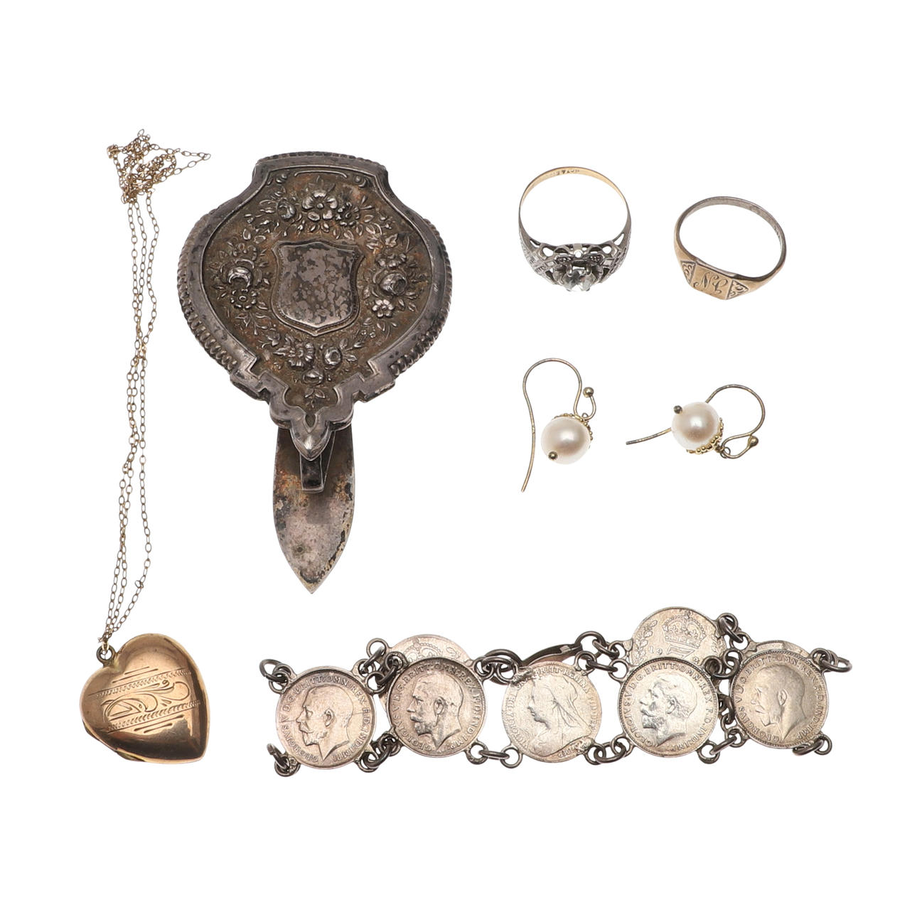 CHATELAIN CLIP, THREEPENNY BRACELET AND OTHER ITEMS.