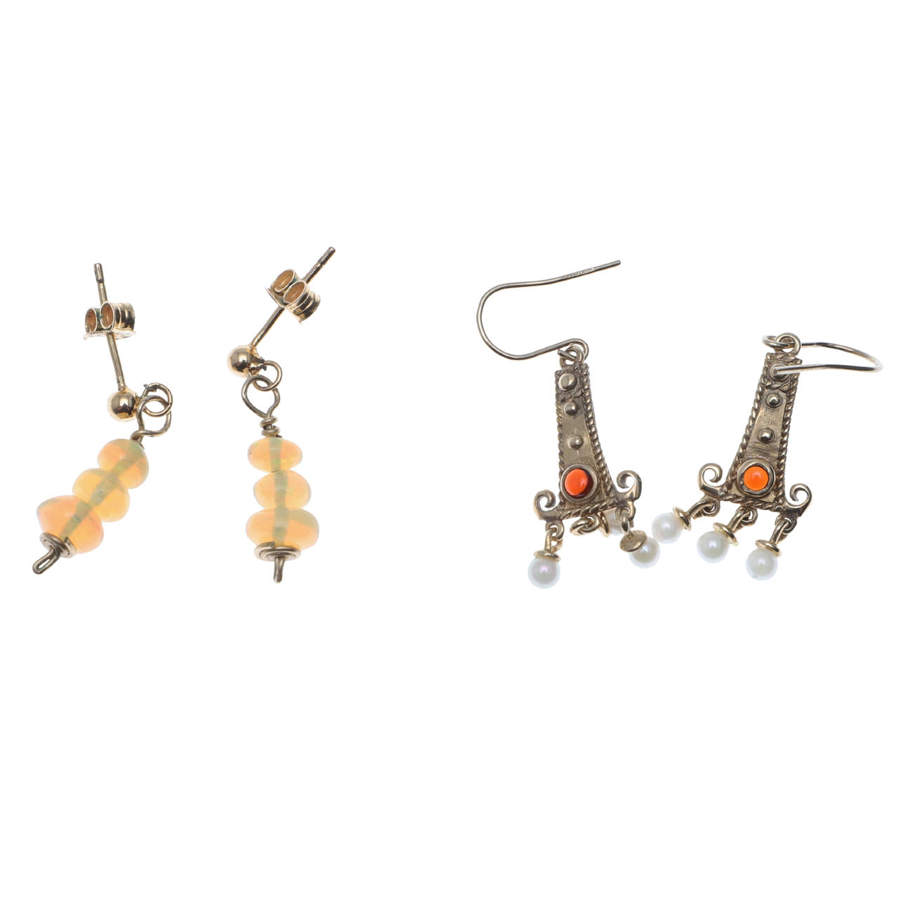 TWO PAIRS OF GEM SET EAR PENDANTS.