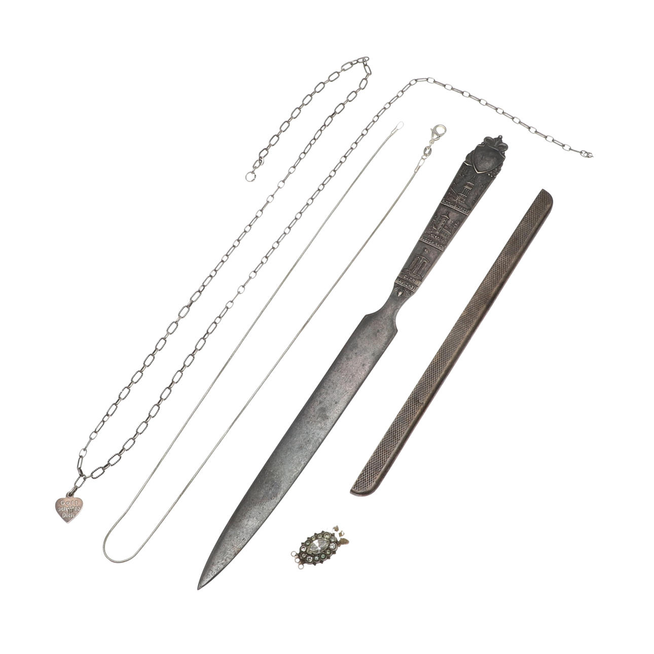 A GERMAN SILVER PAPER KNIFE, AND OTHER ITEMS.
