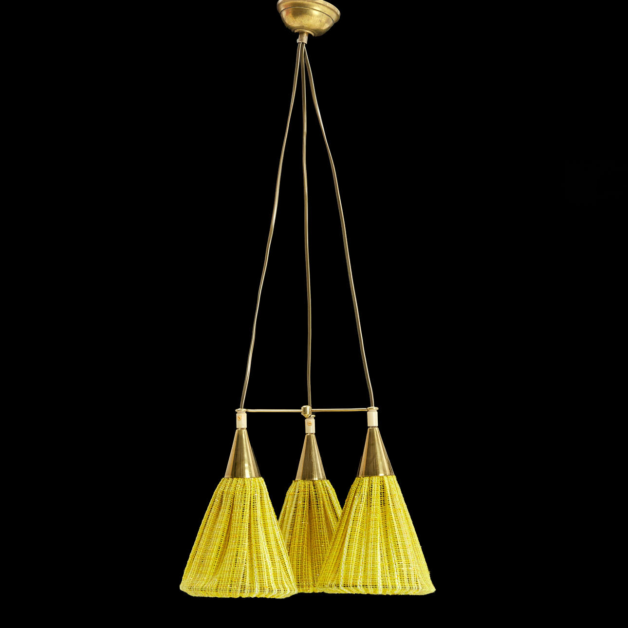 A ceiling lamp, 3 light points, 1950s, brass, textile shades.
