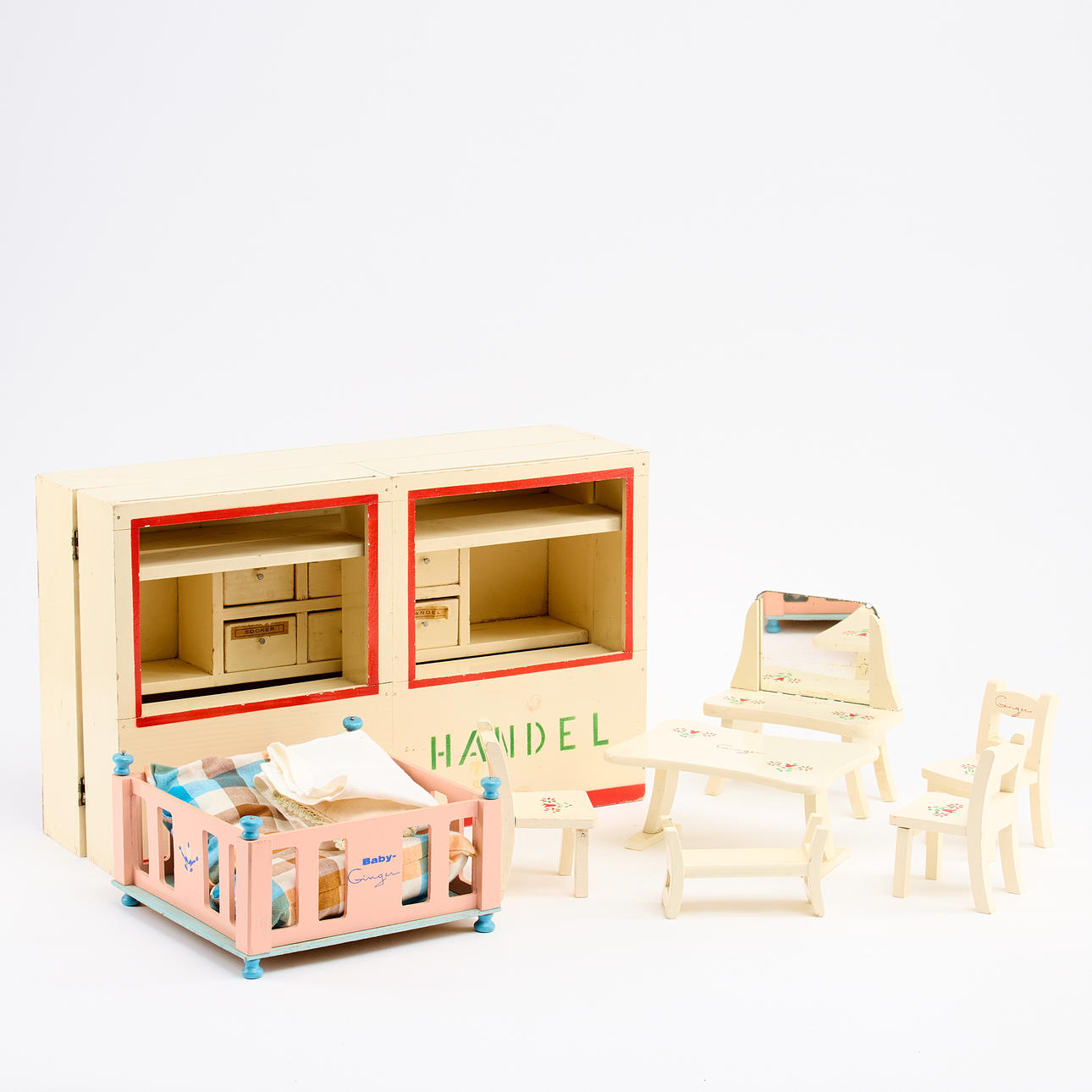 DOCKSKÅPSMÖBLER, ca 8 delar, 1950-tal.