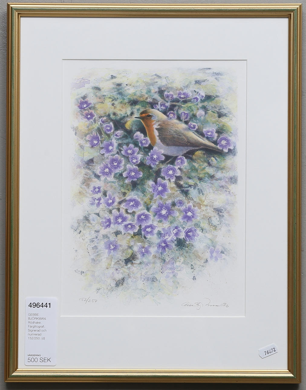 GEBBE BJÖRKMAN. Rödhake. Färglitografi. Signerad och numrerad 152/250.