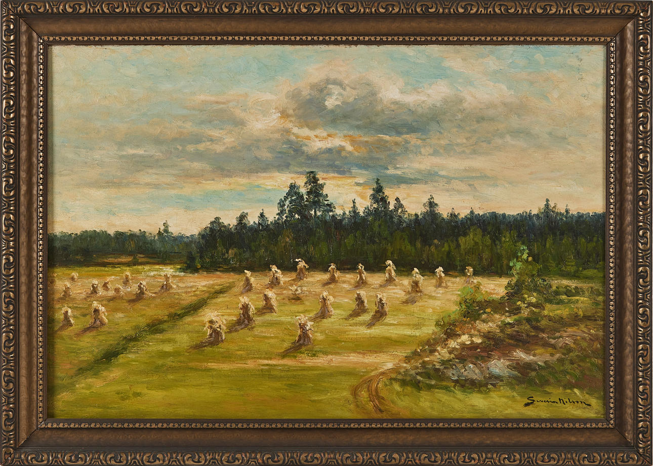 SEVERIN NILSON. Field landscape, oil on canvas fed on panel, signed.