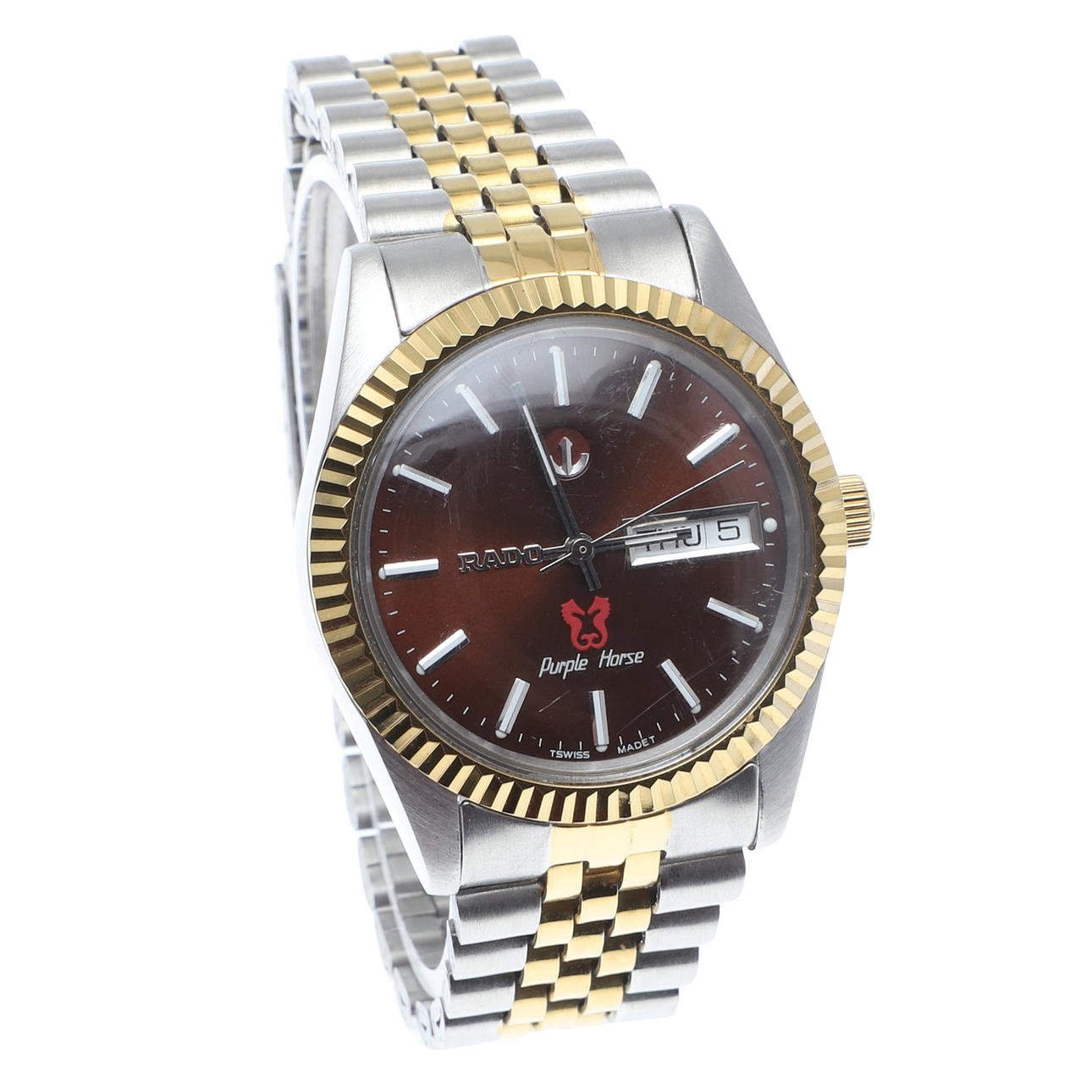 A GENTLEMANS RADO PUPLE HORSE WRISTWATCH.