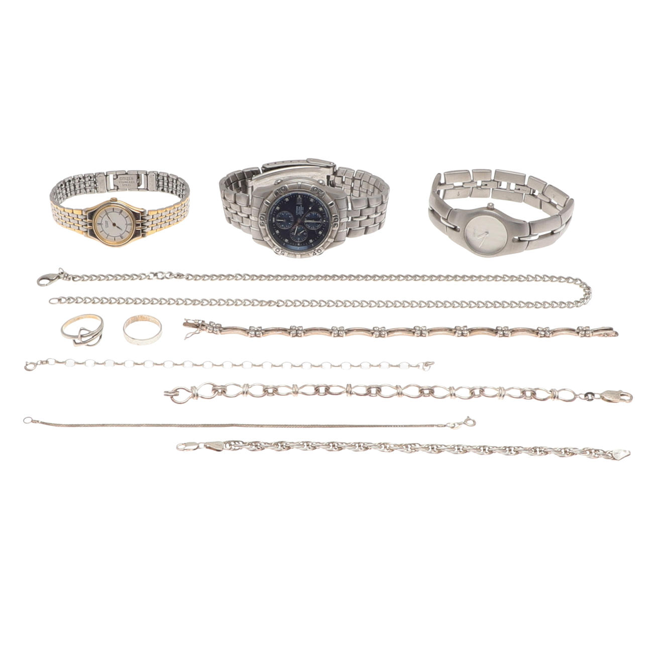 FOUR SILVER BRACELETS, WRISTWATCHES ETC.