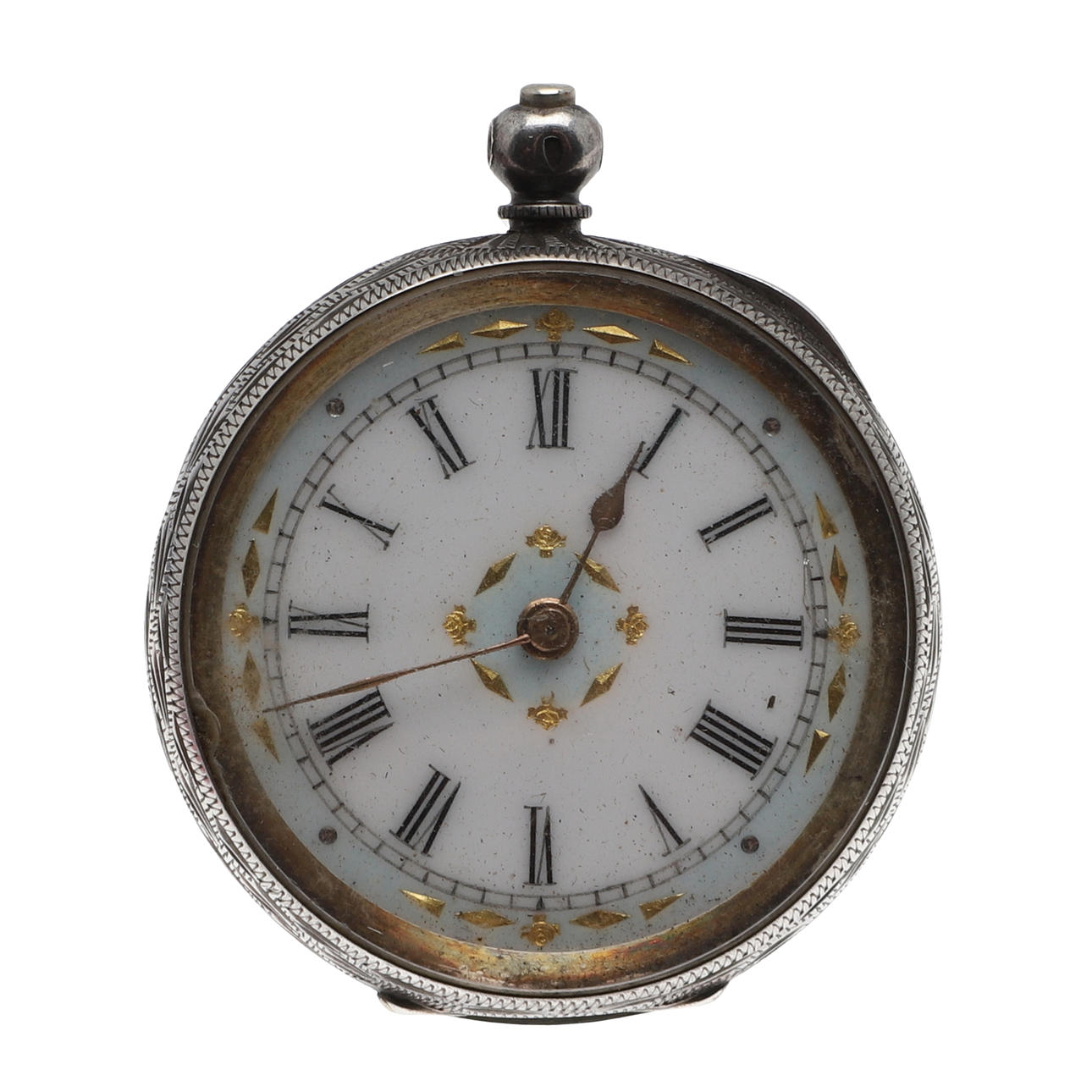 A LADIES SWISS SILVER POCKET WATCH.