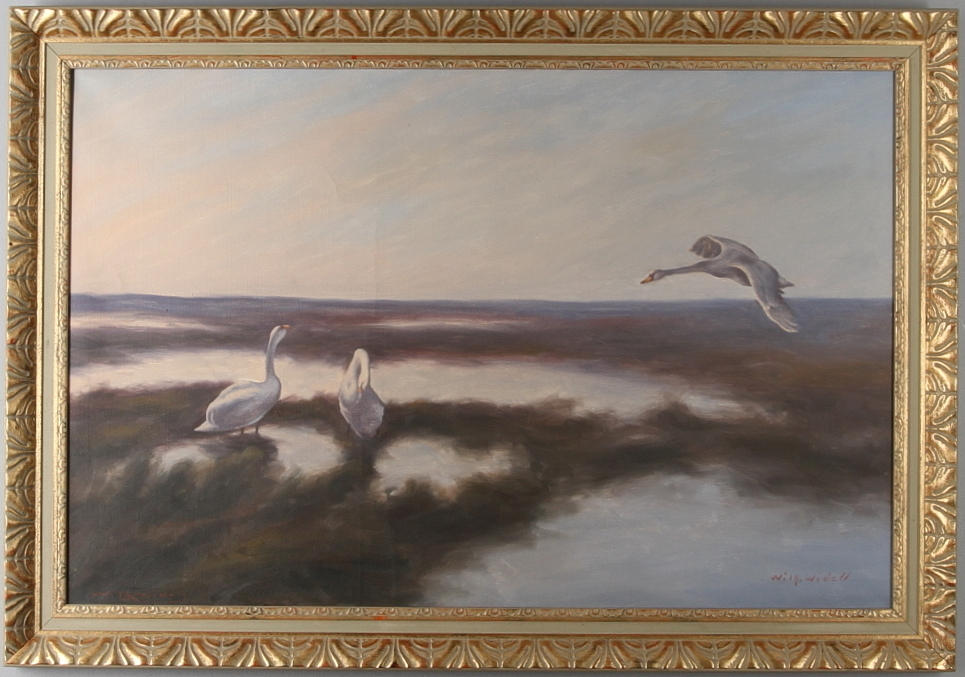 WILLY WIDELL. Olja på duk, motiv med svanar, 1900-tal.