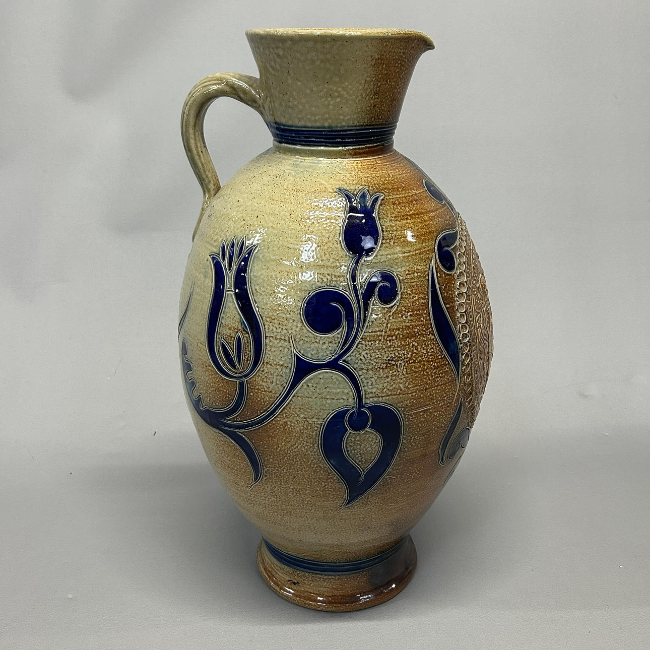 LARGE SIGNED BELGIAN STONEWARE JUG.