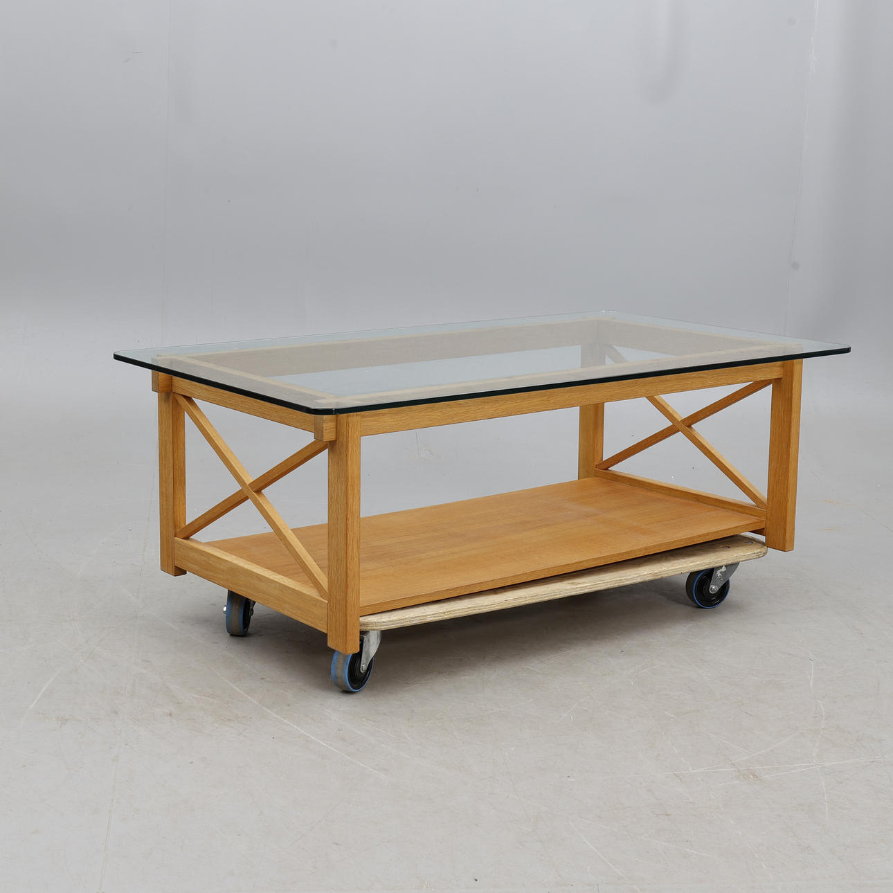COFFEE TABLE, oak with glass top, contemporary.