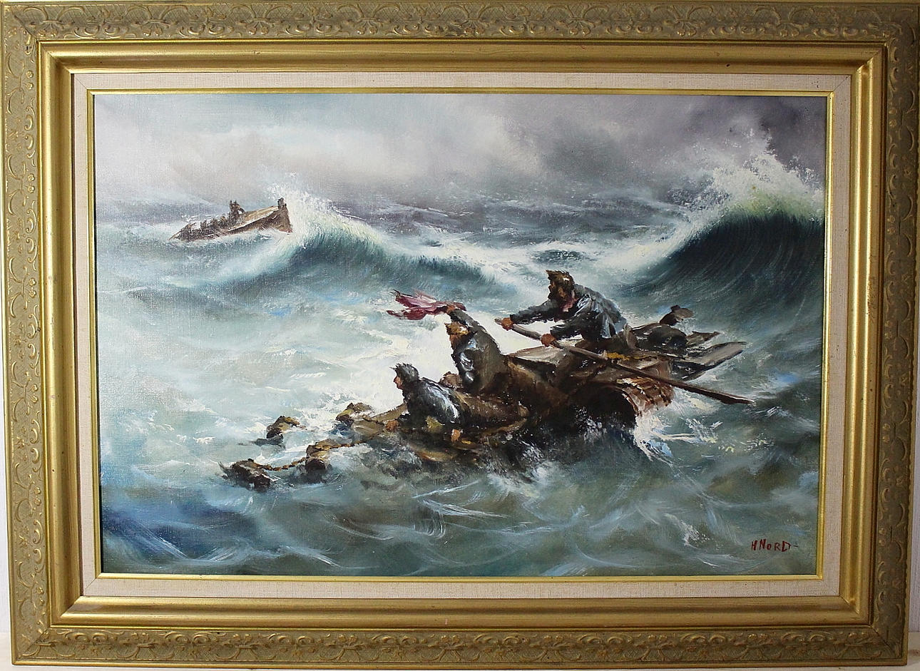 OIDENTIFIERAD KONSTNÄR. olja på duk, Skeppsbrutna, signerad H Nord.