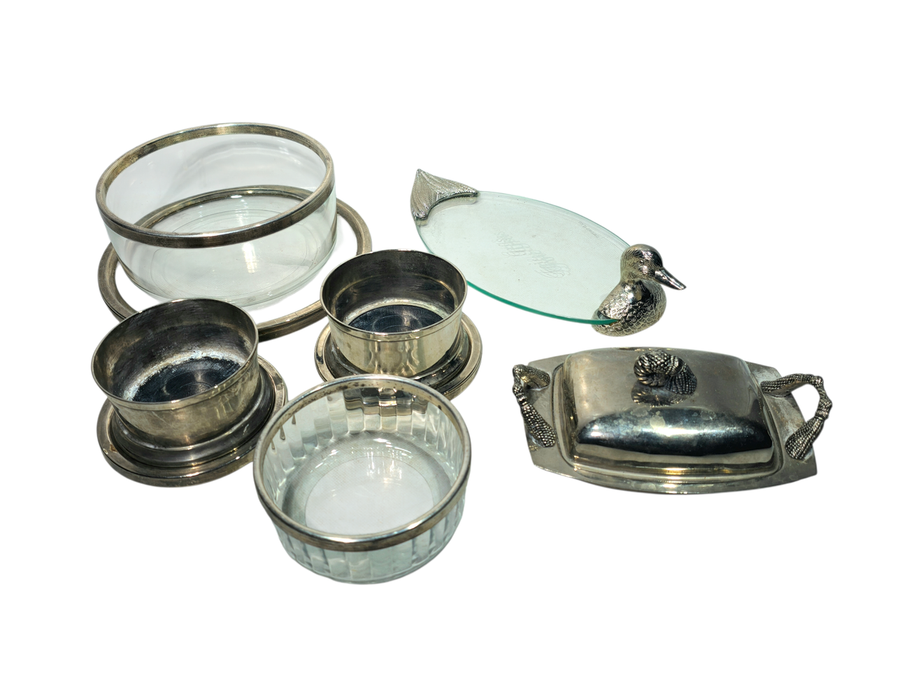 Nine-piece serving set in crystal and silver metal.