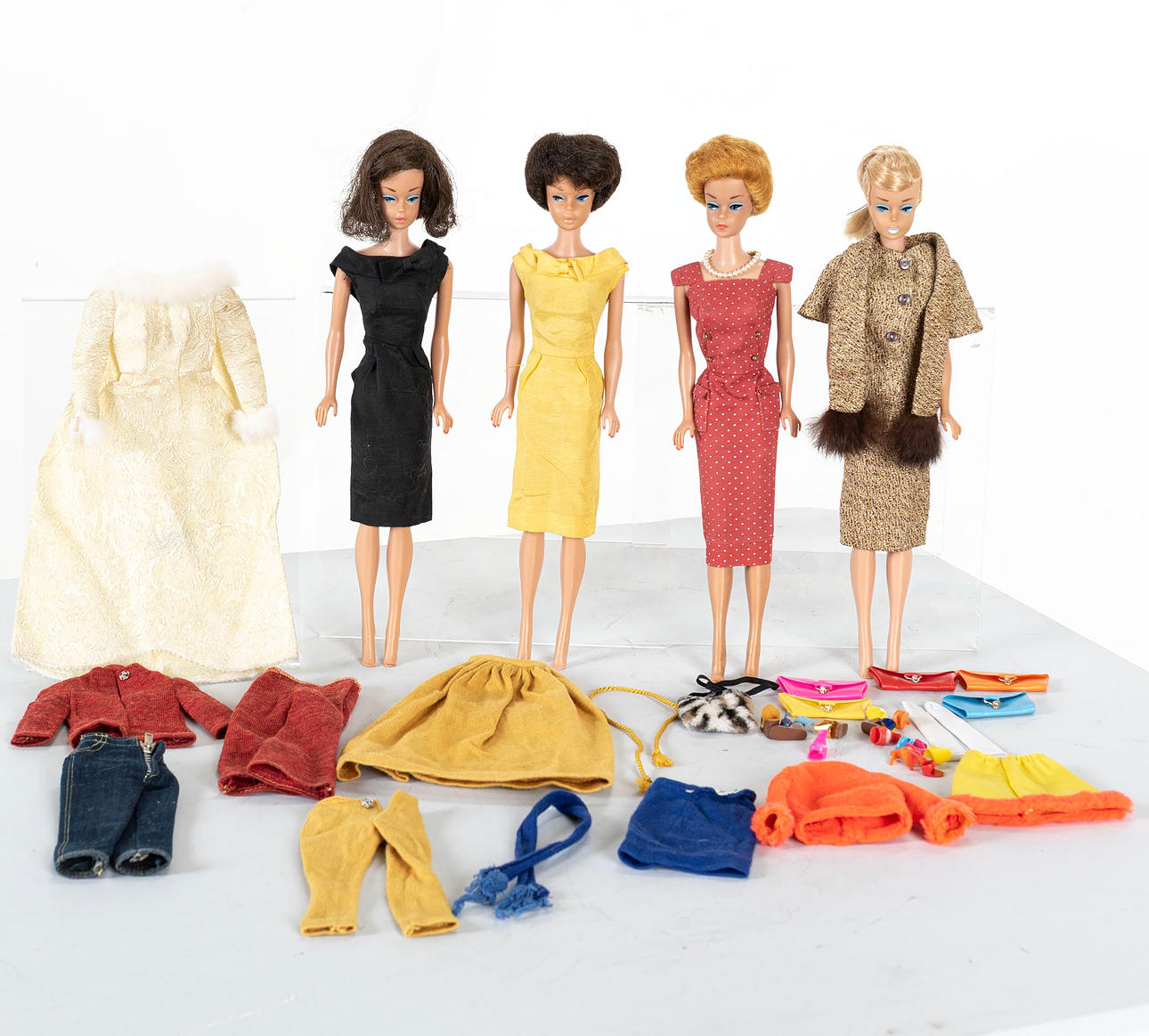 BARBIES, 4pcs with accessories, Mattel Inc, 1960s.