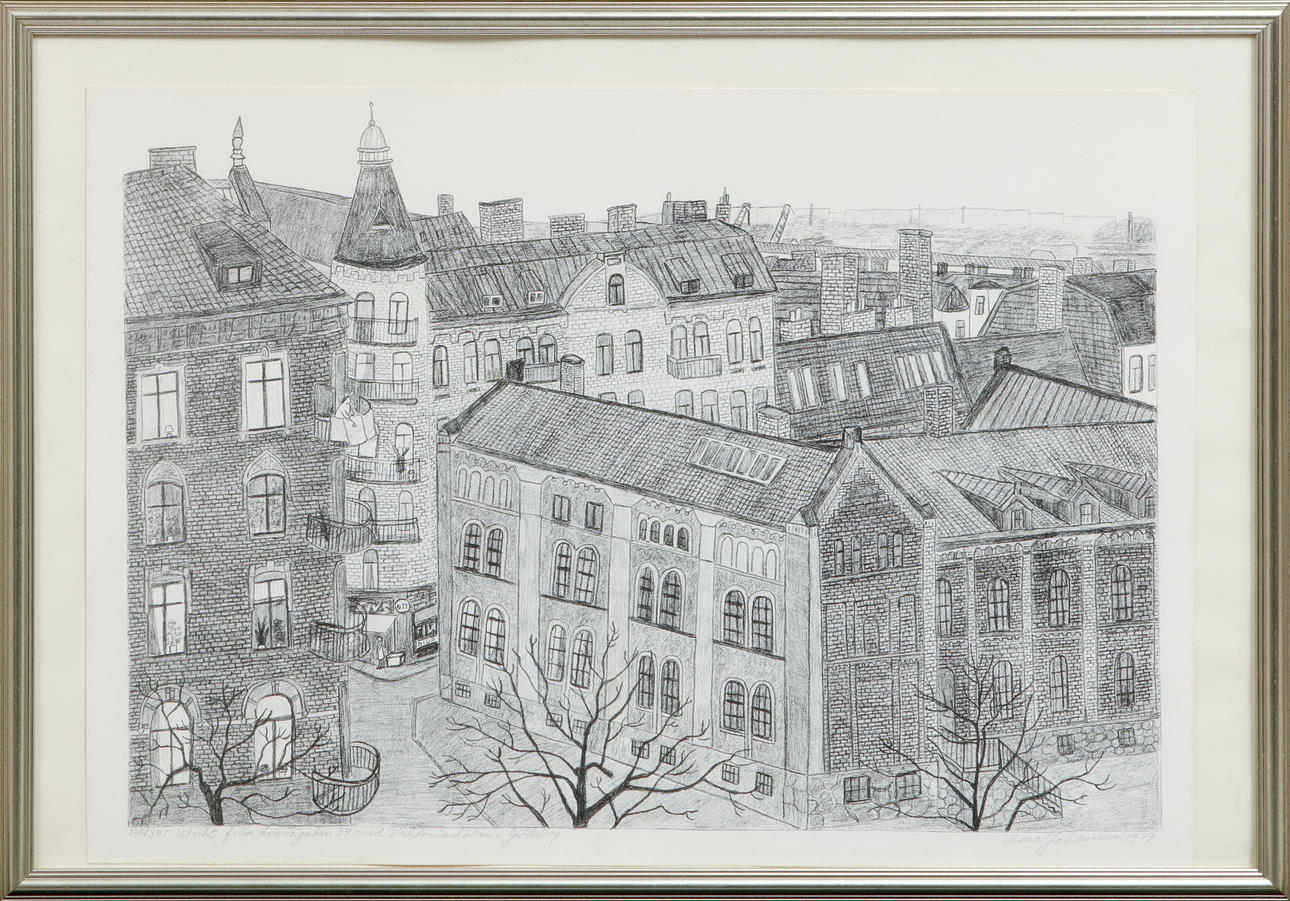 MONA JOHANSSON. "Utsikt från Linnegatan 34 med Viktoriaskolan i Göteborg", litografi, signerad och numrerad 320/395.320/395.