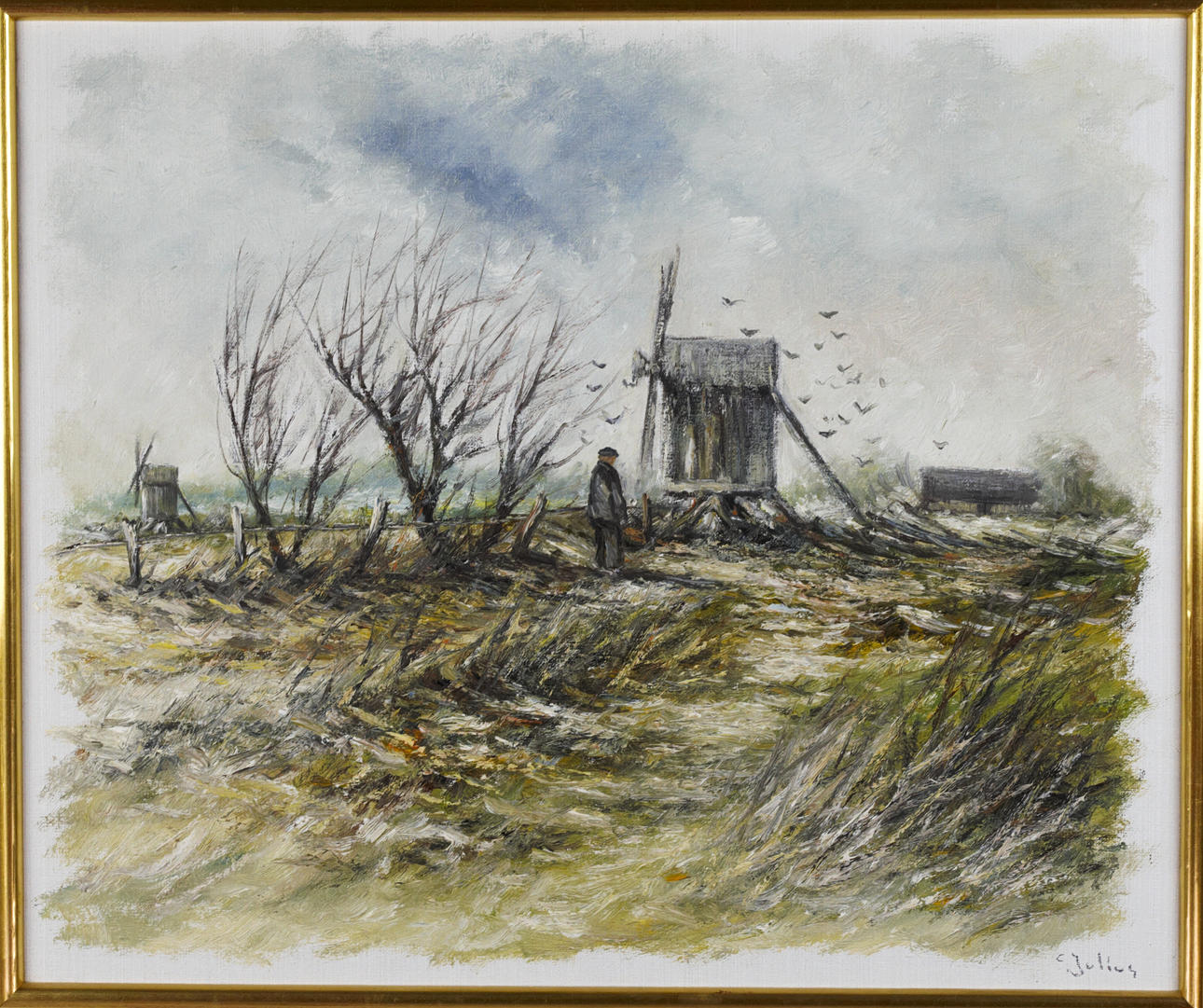 CARL JULIUS. Oil on canvas, windmills, signed.