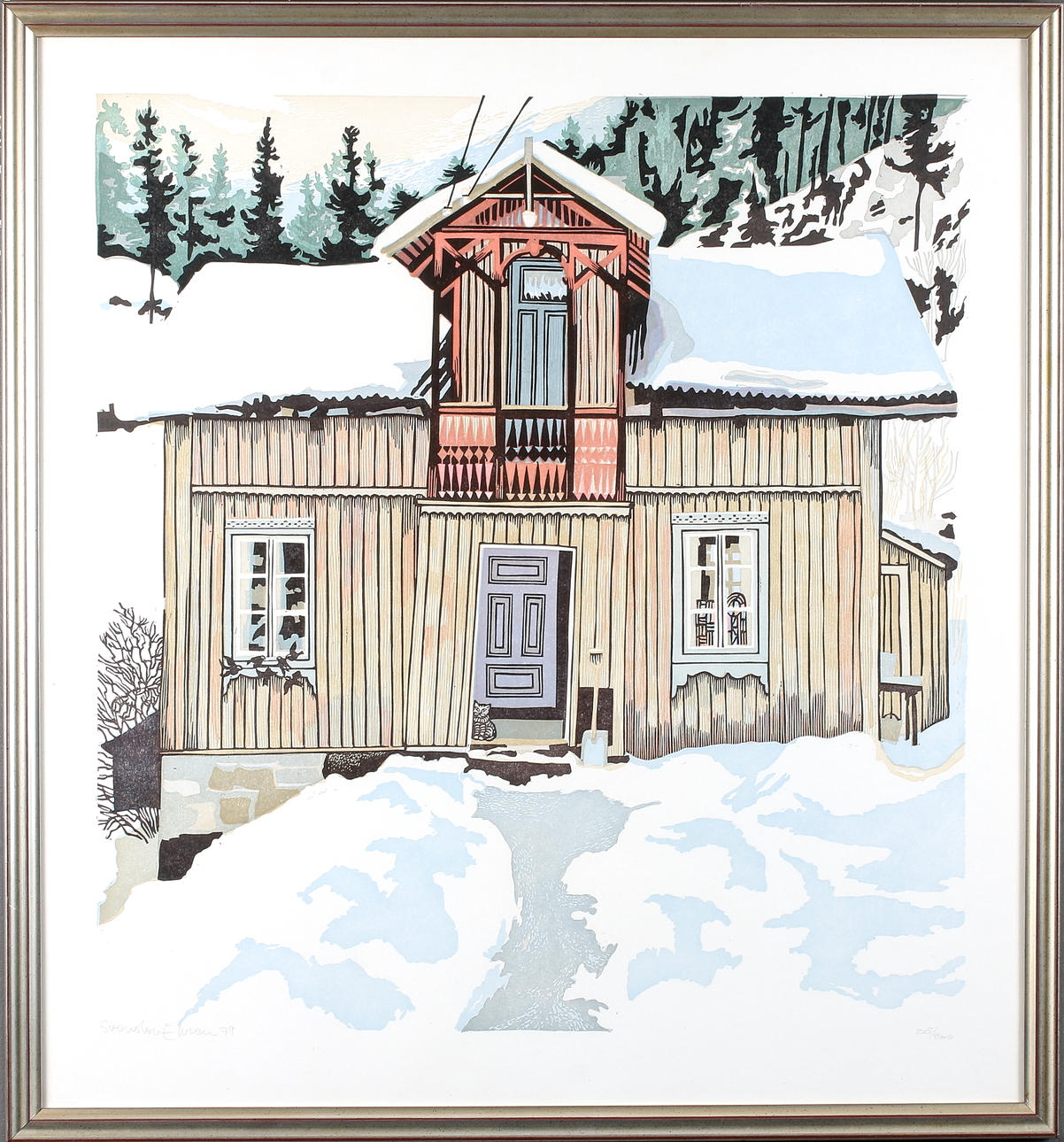 SVENOLOF EHRÉN. Fjällstuga, färglitografi, signerad, numrerad och daterad -79.