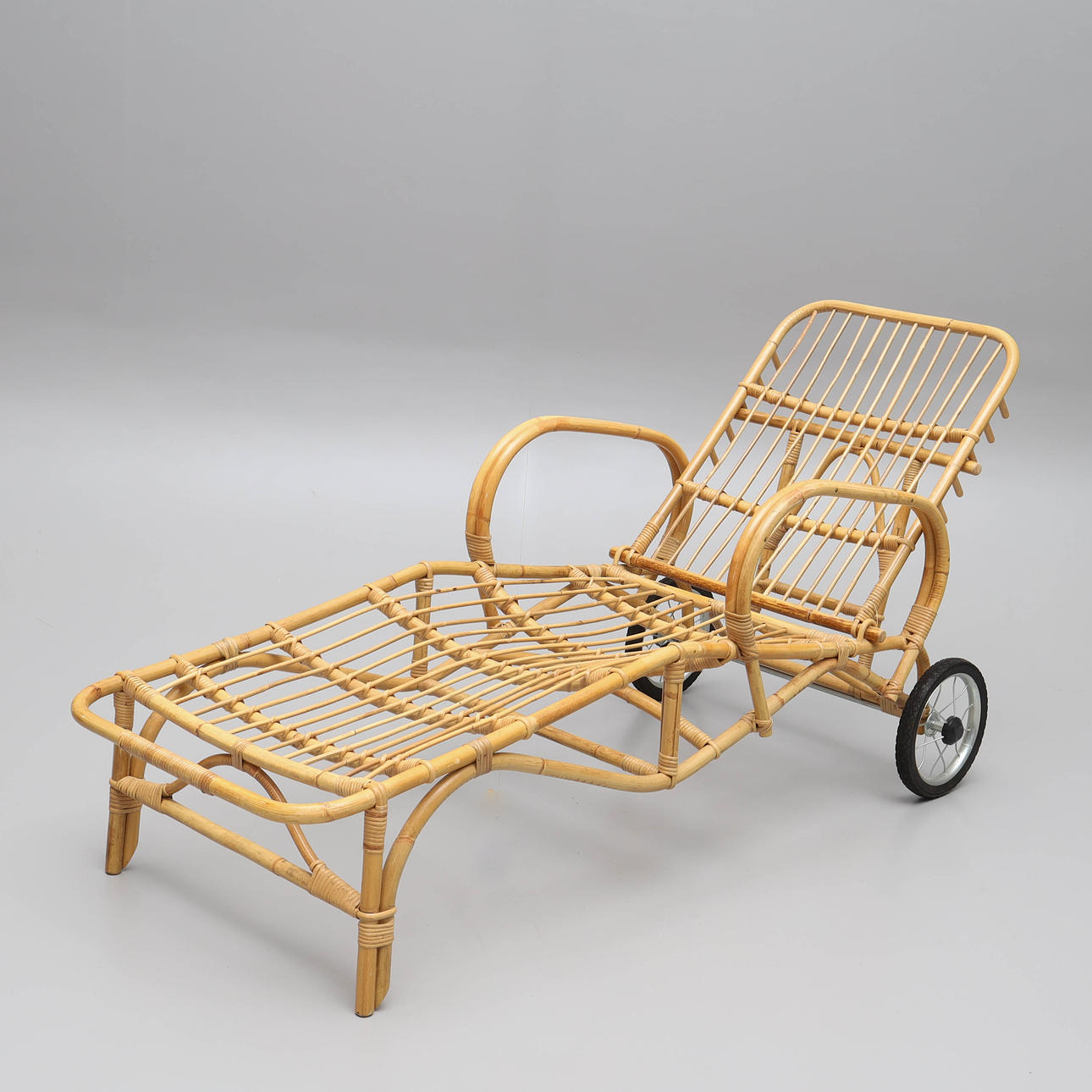 A sunbed, bamboo & rattan, 1970s/80s.