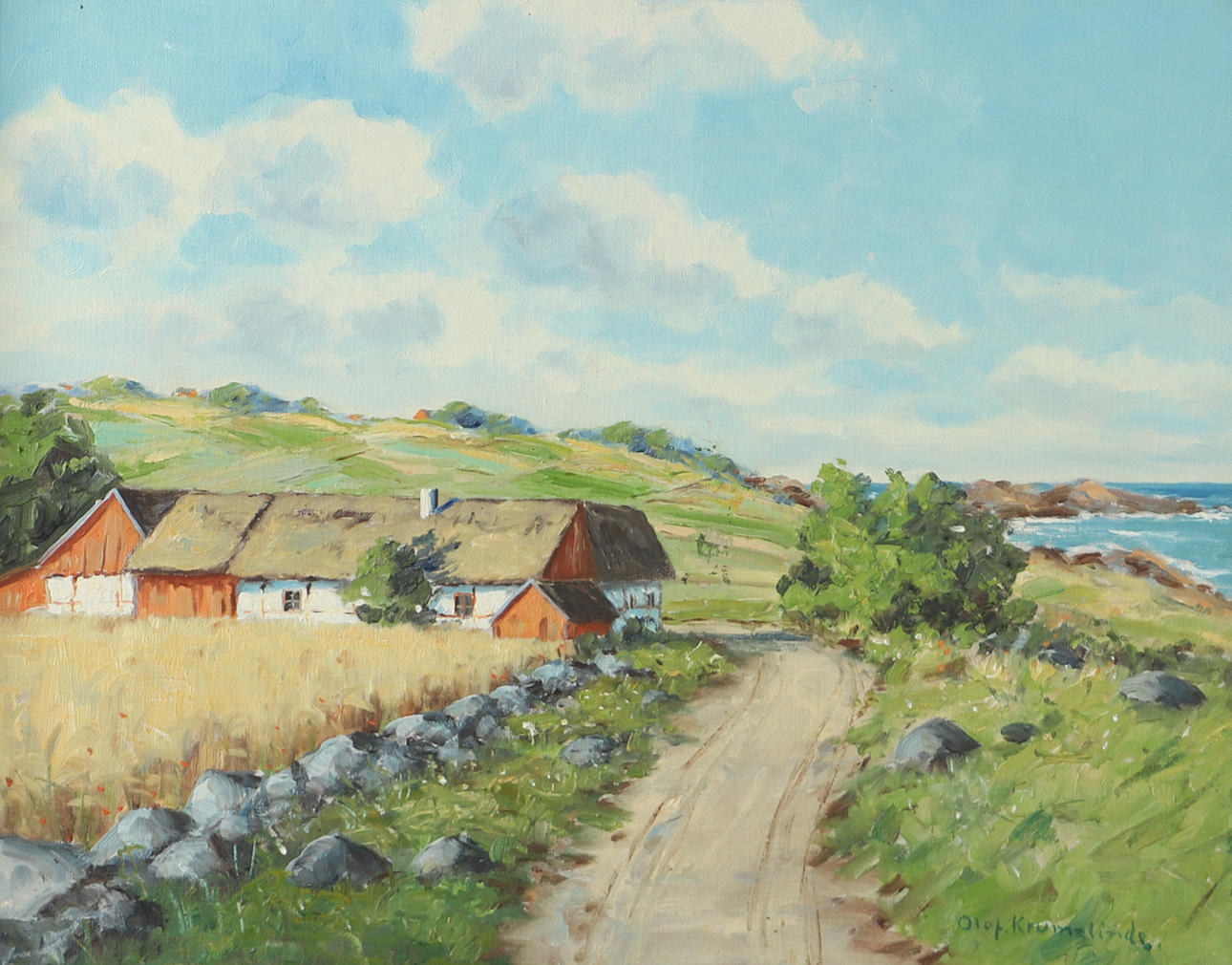 OLOF KRUMLINDE. Gårdsmotiv, olja på duk, signerad.