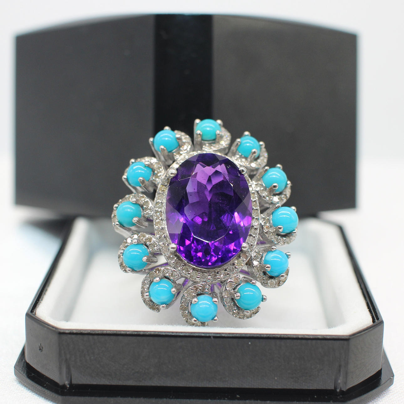 AMETHYST, TURQUOISE & DIAMOND RING.