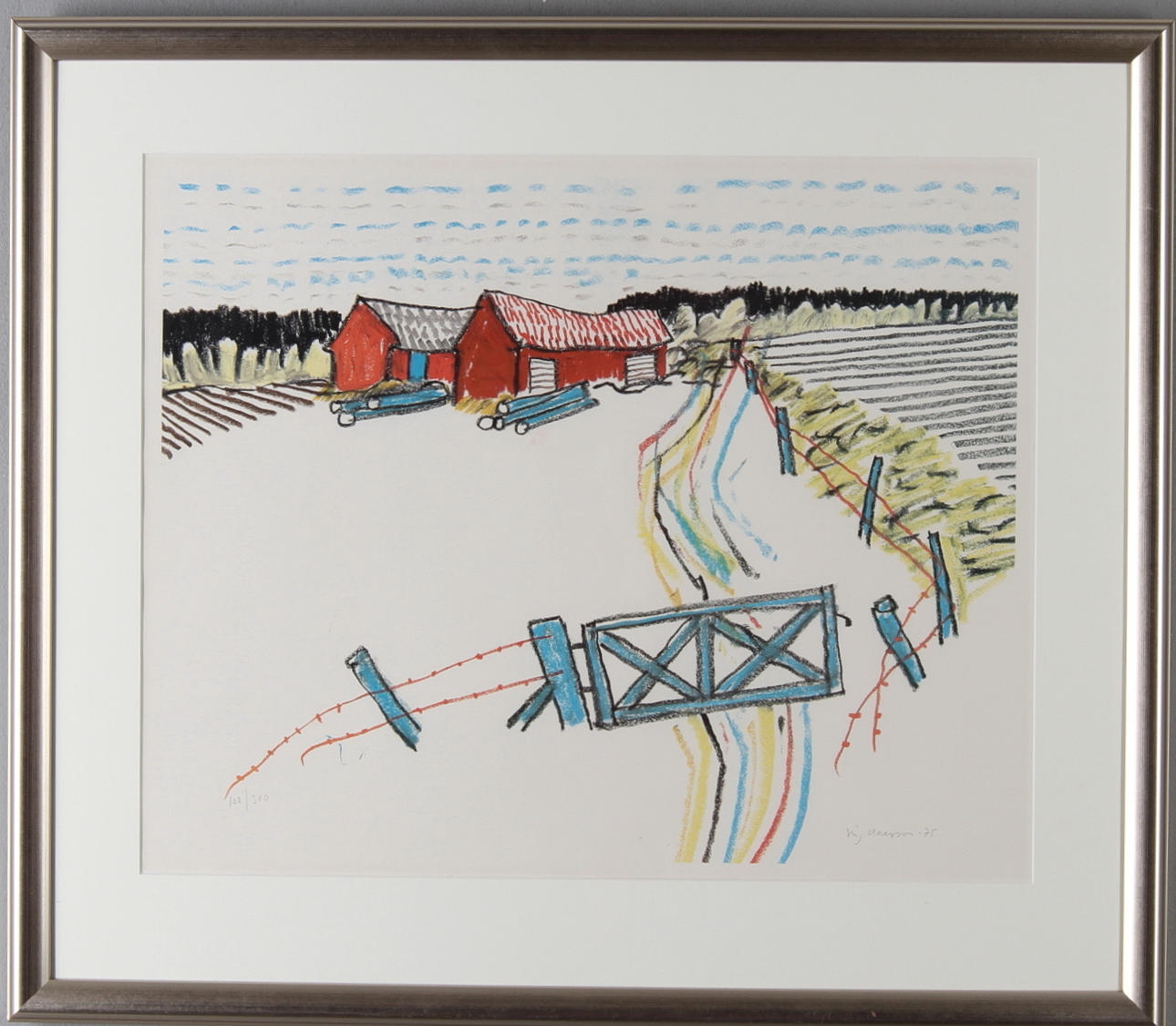 STIG CLAESSON (SLAS). Landskap med lador, färglitografi, signerad, daterad -75 samt numrerad 100/300.