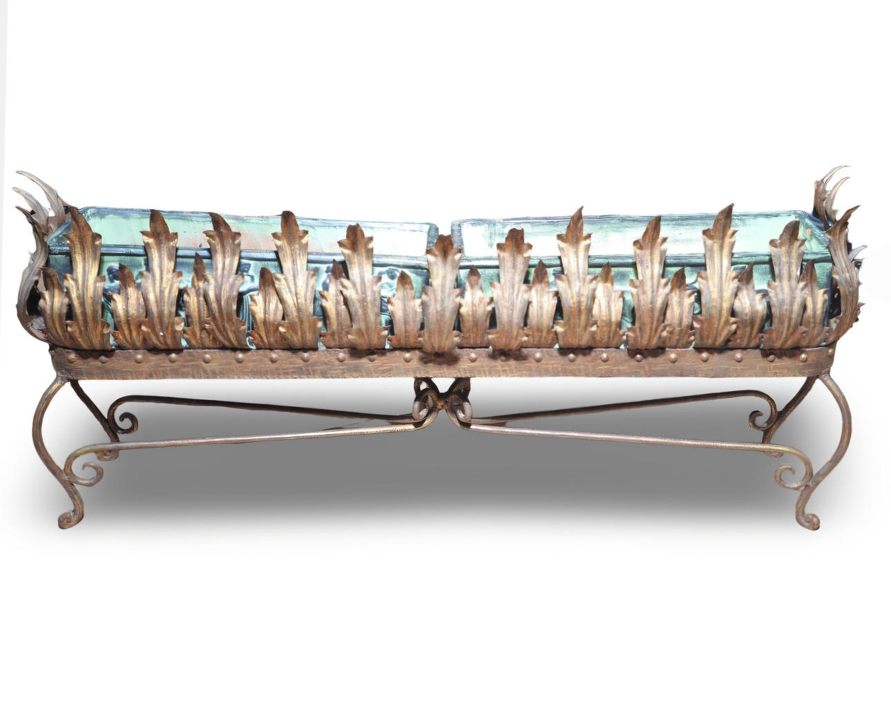 Planter in golden brass and polychrome ceramic.