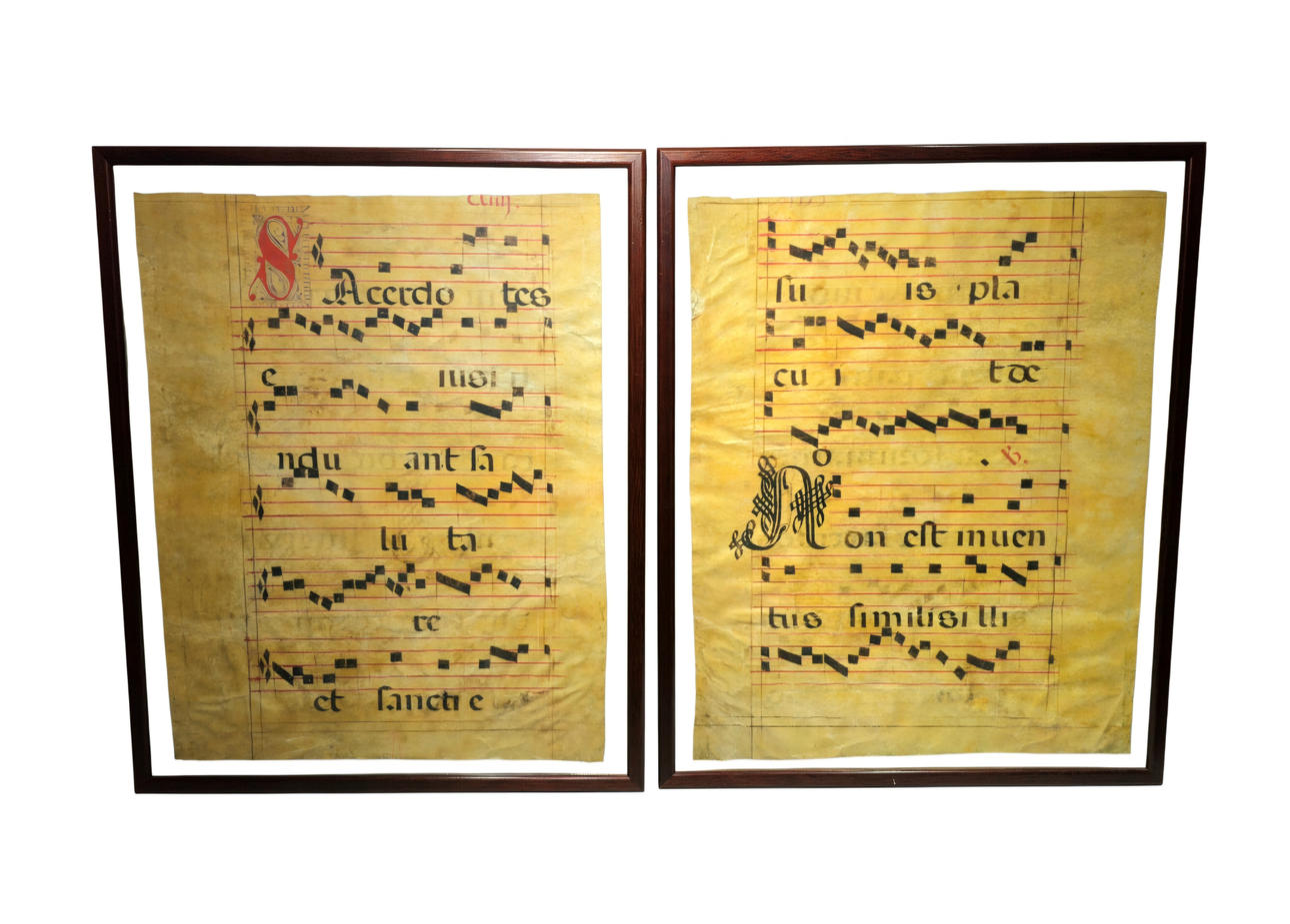 Two antique choir book leaves on parchment.