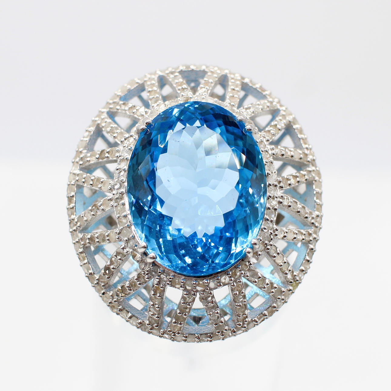 LARGE BLUE TOPAZ & DIAMOND DRESS RING.
