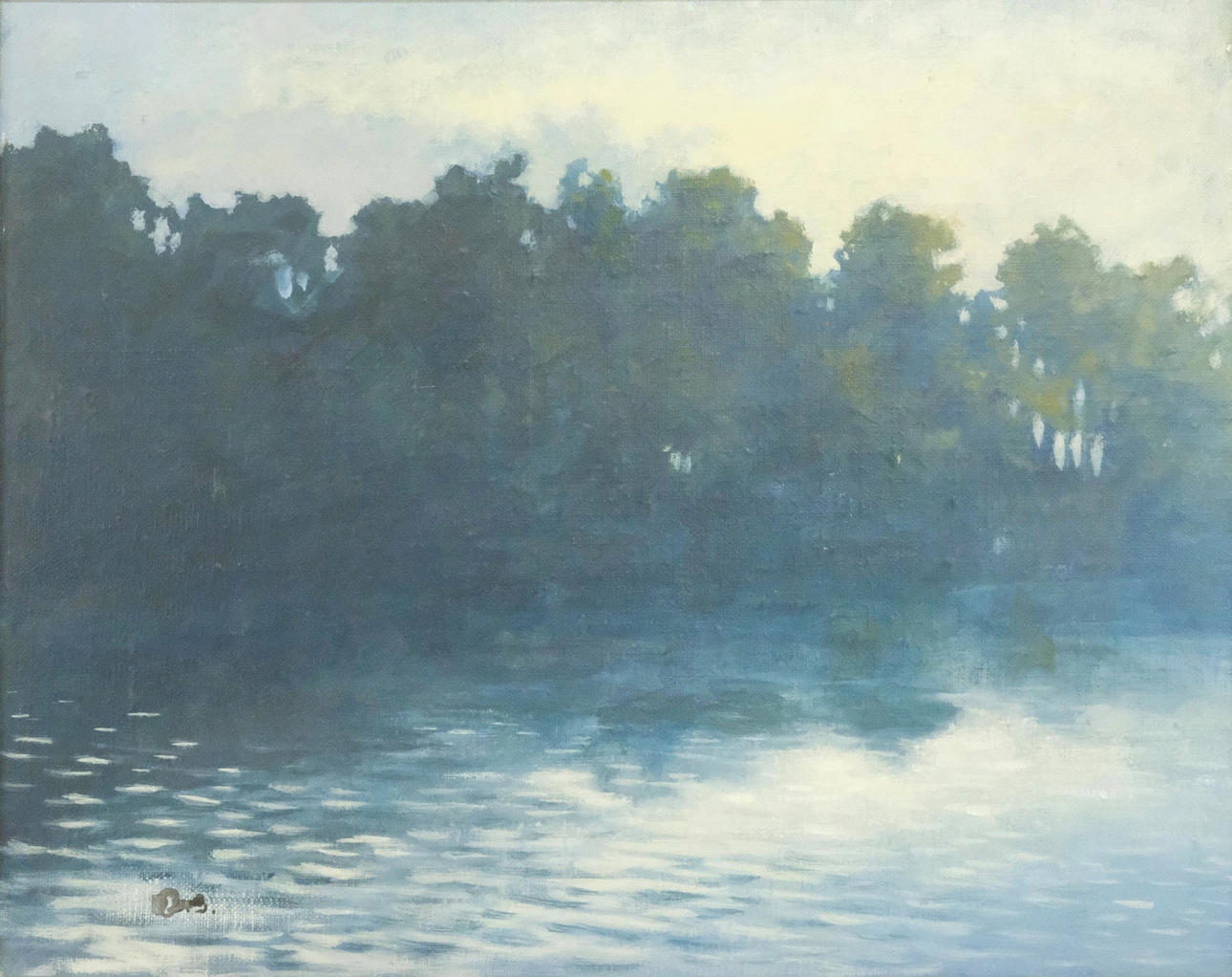 OIDENTIFIERAD KONSTNÄR. WATERCOURSE WITH FOREST, OIL ON CANVAS.