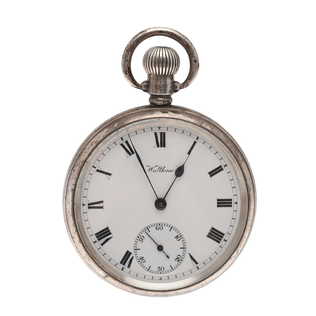 A SILVER OPEN FACED POCKET WATCH BY WALTHAM.