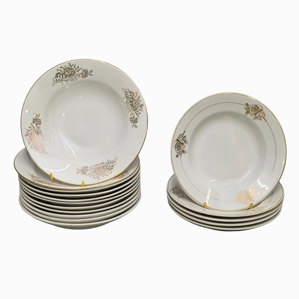 16 ASSORTED PLATES WITH GOLD ORNAMENTS.