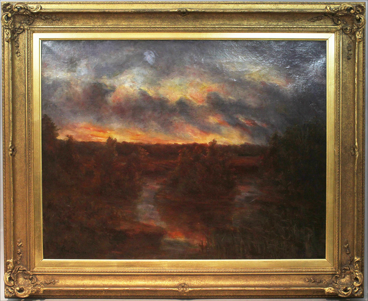 ALMA BERGMAN. Landskap i solnedgång. Olja på duk. Signerad.