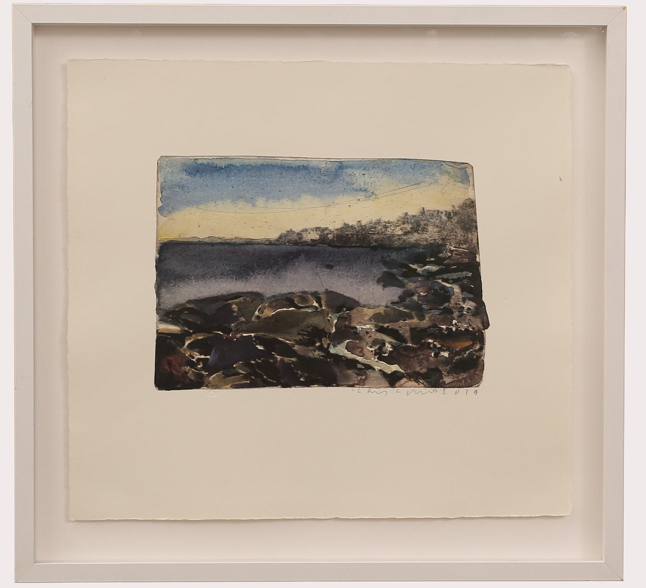 LARS LERIN. Watercolour etching, cliff tops by the coast, signed, dated 2019.