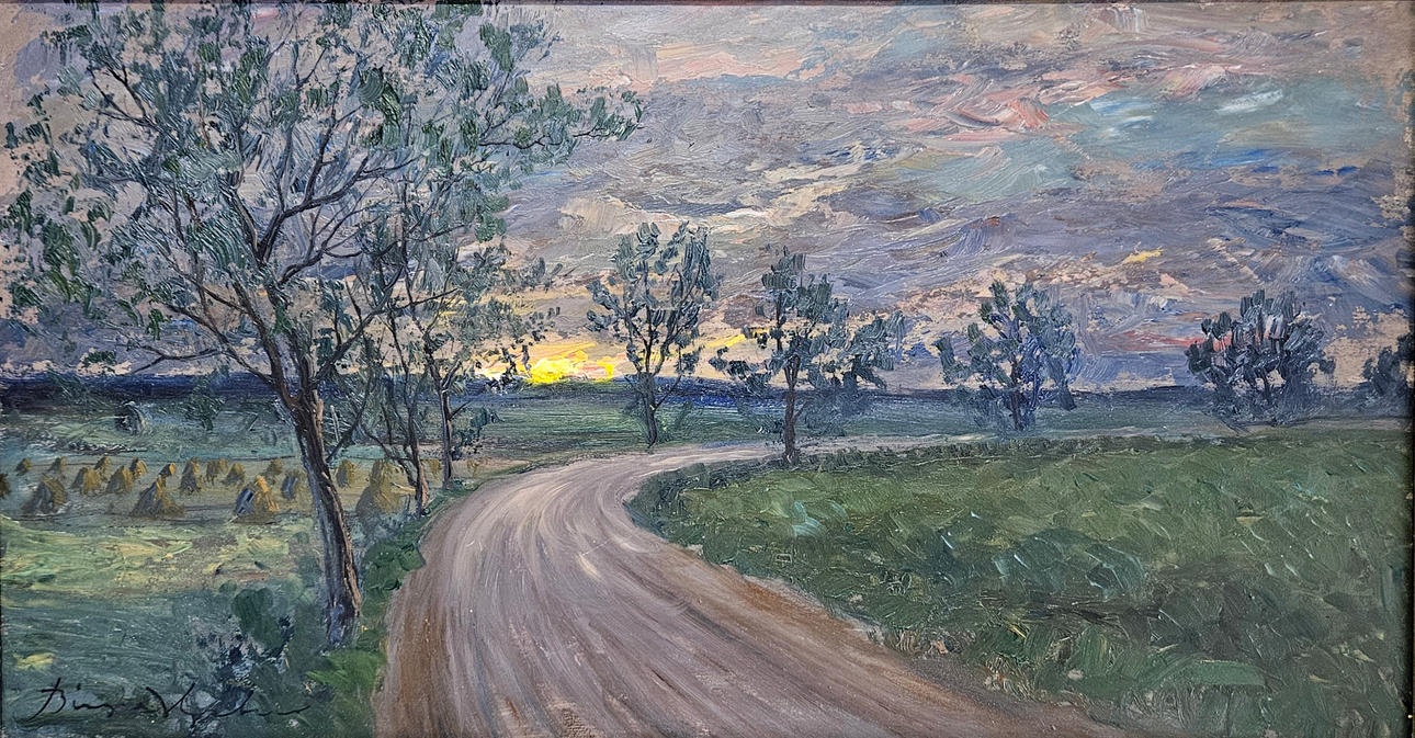 BIRGER HJELM. Sommarkväll, Östergötland, 1953. Olja på pannå, signerad Birger Hjelm.