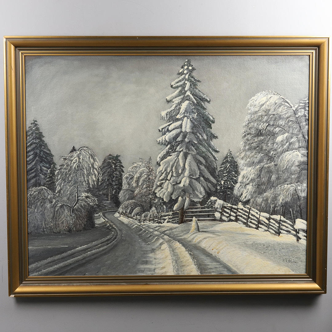 OIDENTIFIERAD KONSTNÄR. OIL ON PANEL, “Vintervägen”, signed “K.R Olson”.