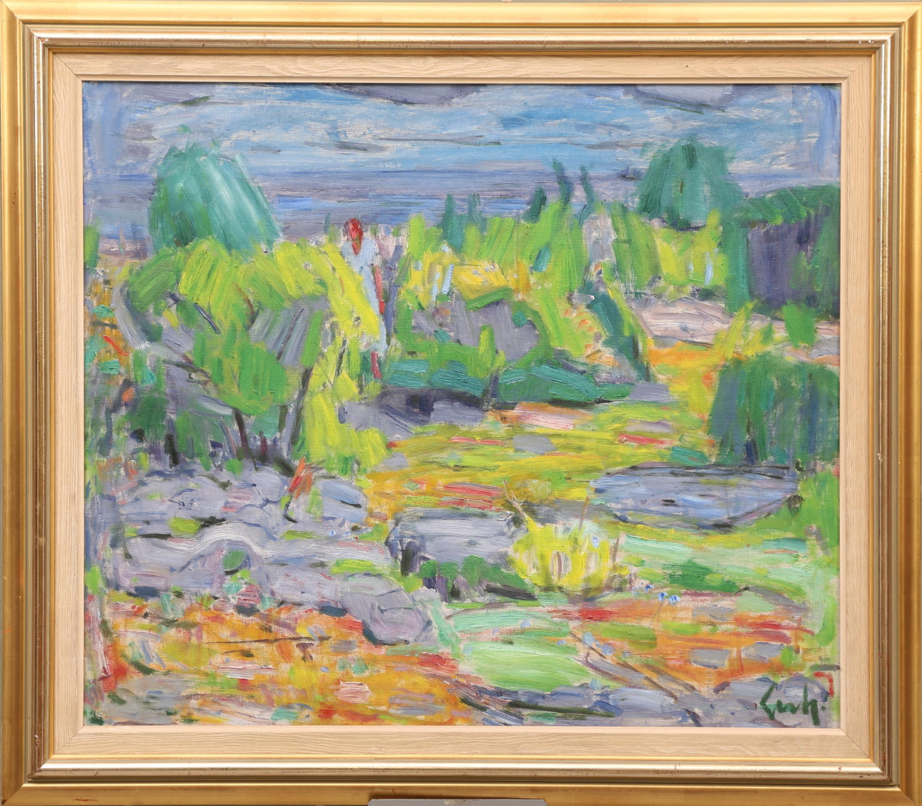 GERHARD LUNDBERG. TAVLA, olja duk, signerad Gerh., "Hagtornsbuskar mot havet", 1949.