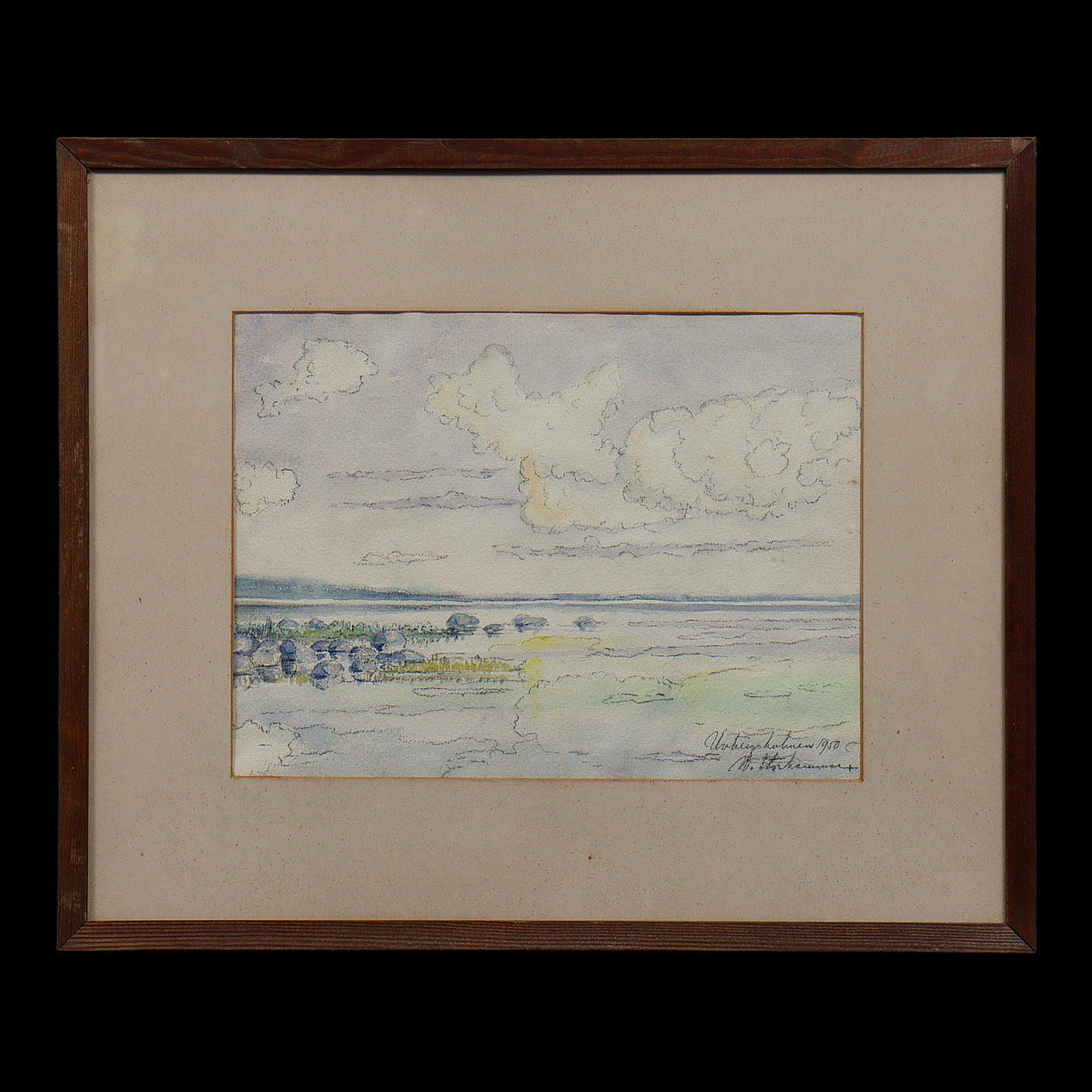 WATERCOLOUR, GLAZED, SIGNED, DATED 1950, UNIDENTIFIED ARTIST.