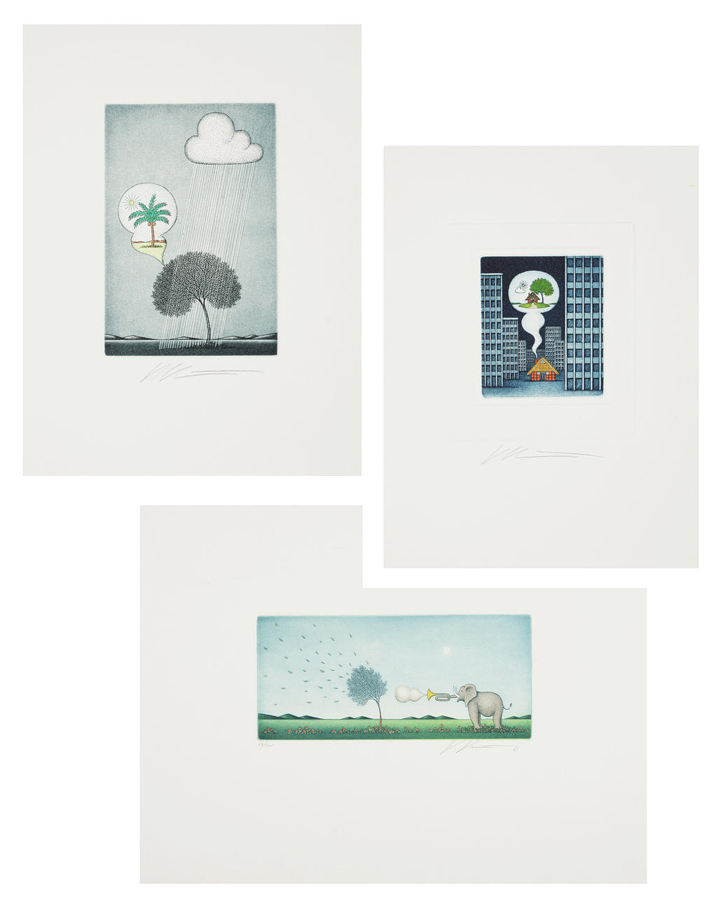 VOLKER KÜHN. Miniatyr etsningar. Elefanter, drömmar positiva energier.