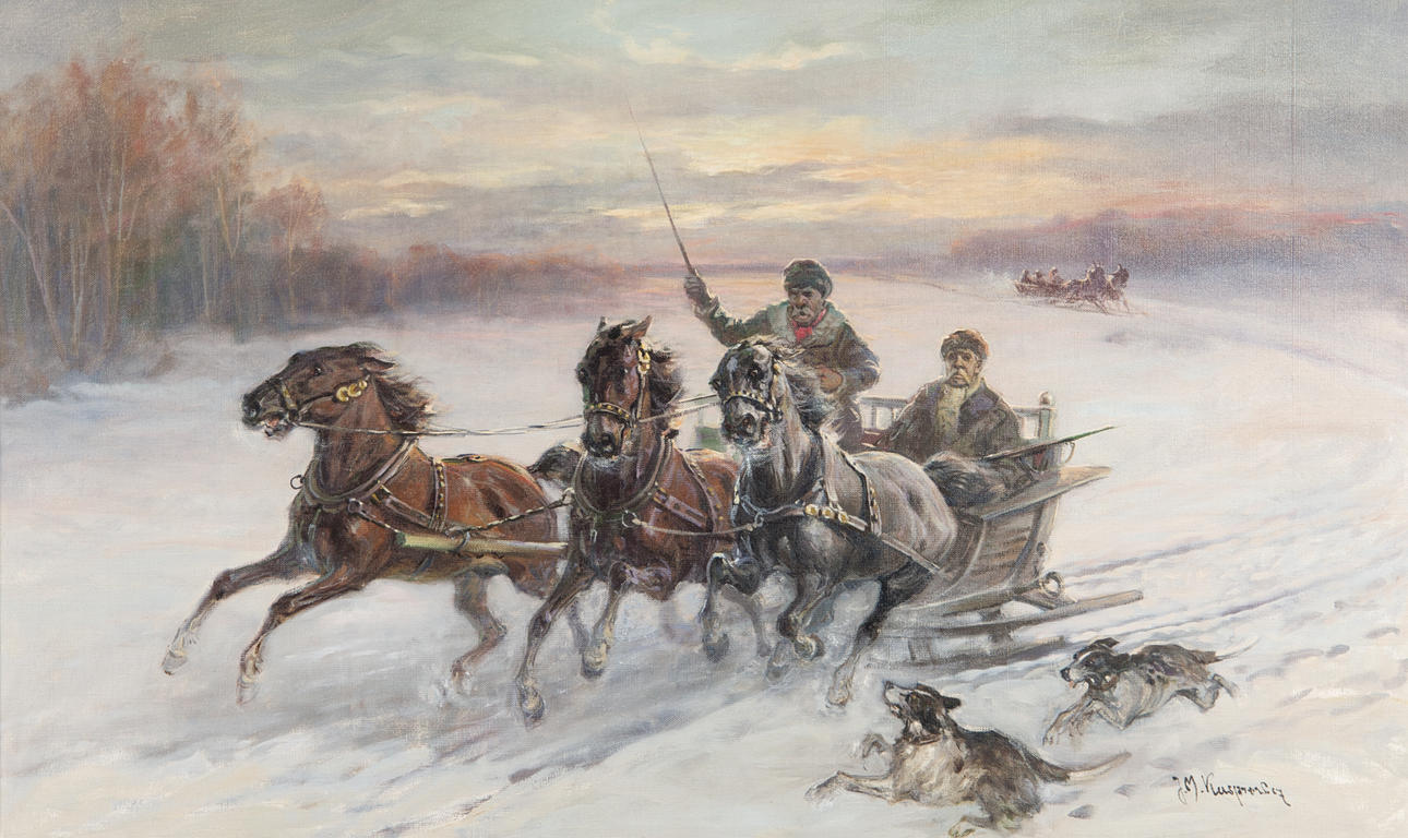 OIDENTIFIERAD KONSTNÄR. Släde i vinterlandskap, olja på duk, signerad J.M. Kaspersen.