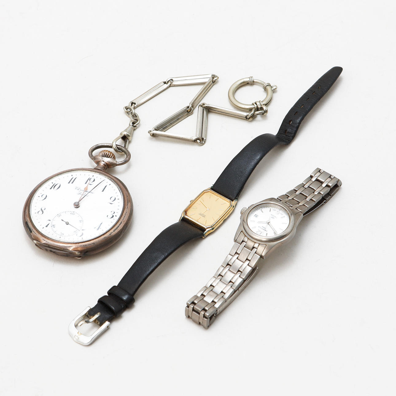 POCKET WATCH AND 2 WRISTWATCHES.