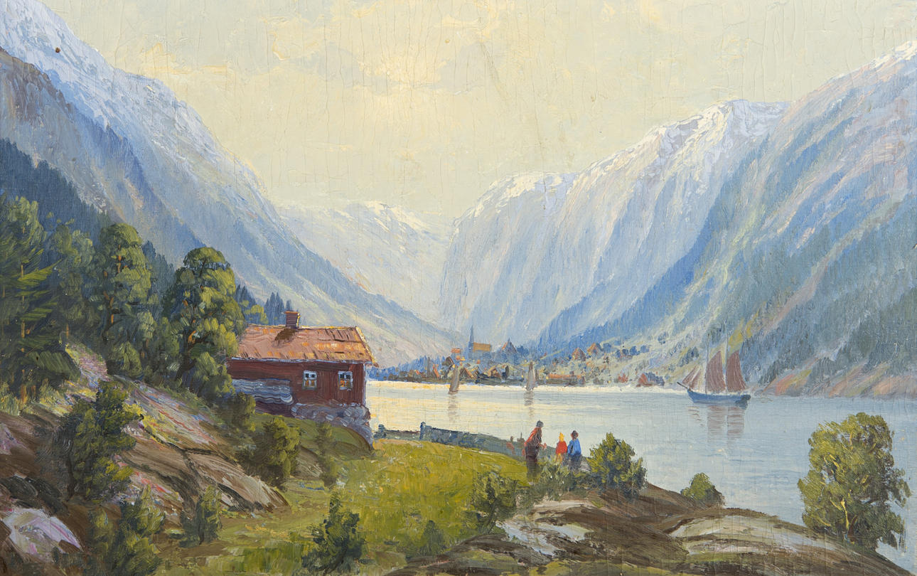 OIDENTIFIERAD KONSTNÄR. Fjordlandskap, olja på pannå, osignerad.